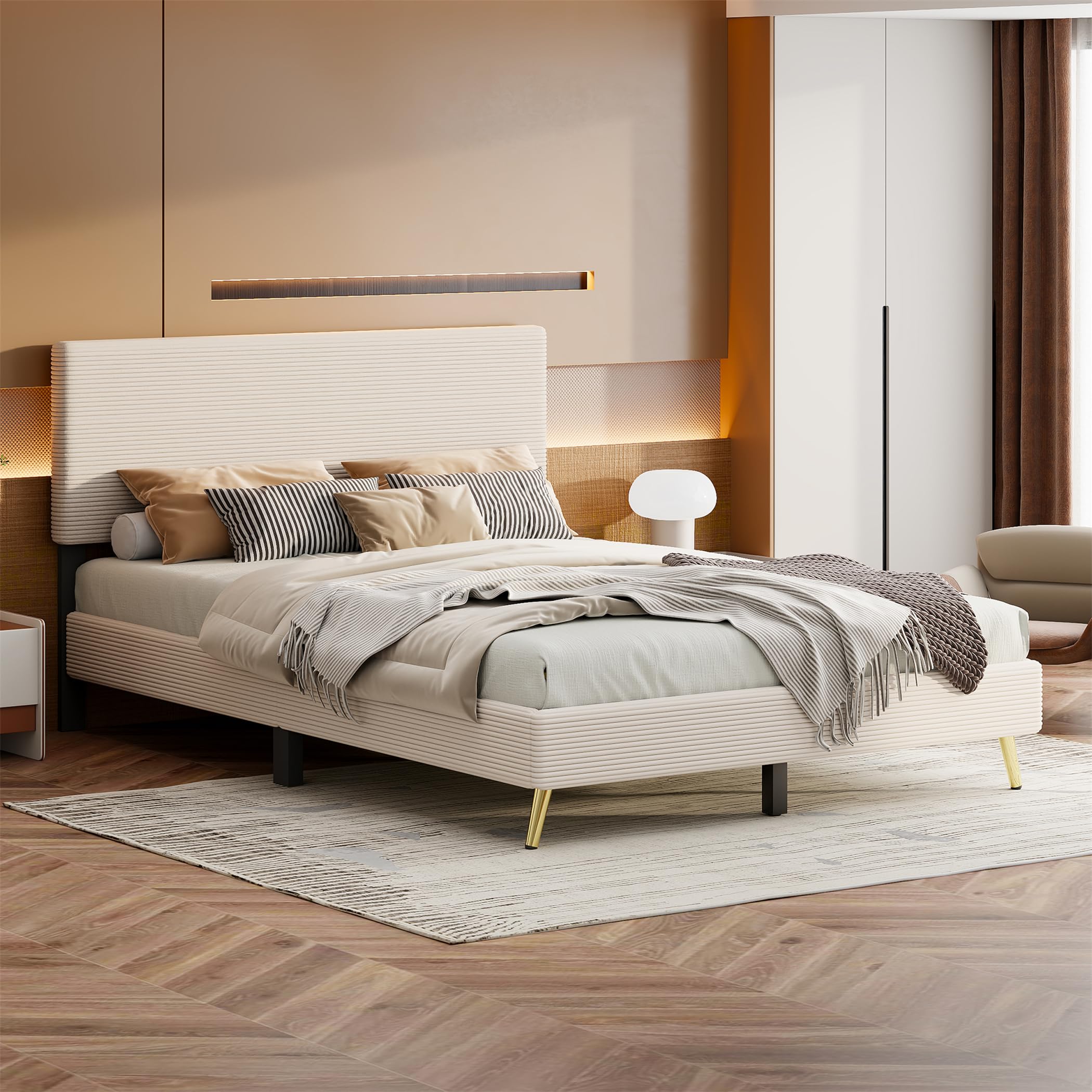 Queen Size Corduroy Upholstered Platform Bed Frame with Horizontal Stripe Headboard