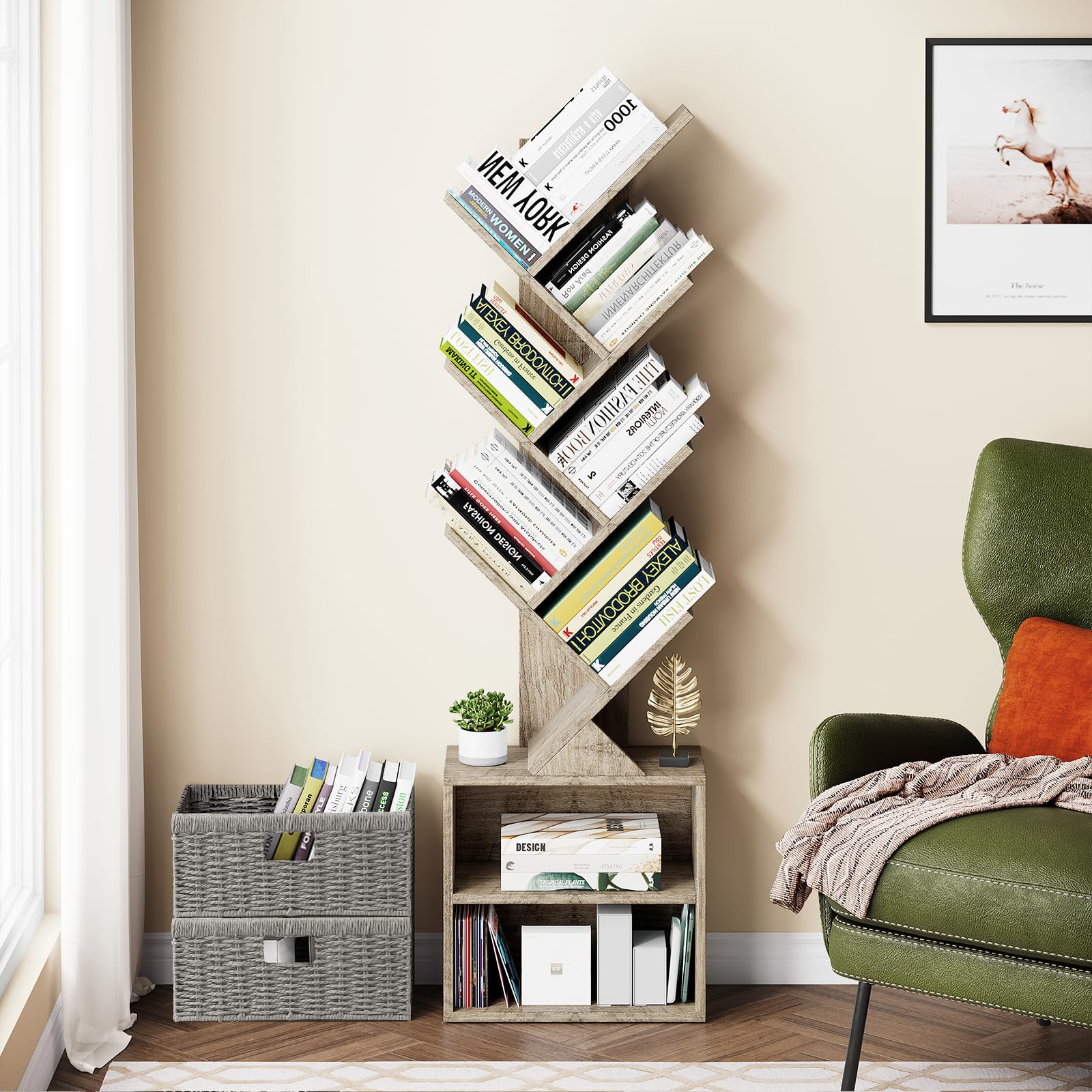 Vagusicc 6 Tier Tree Bookshelf, Modern Floor Standing Bookcase with Storage Drawer, Space Saving Storage Organizer Book Shelves for Books, Tall Wood Storage Rack for Bedroom/Living Room/Home Office