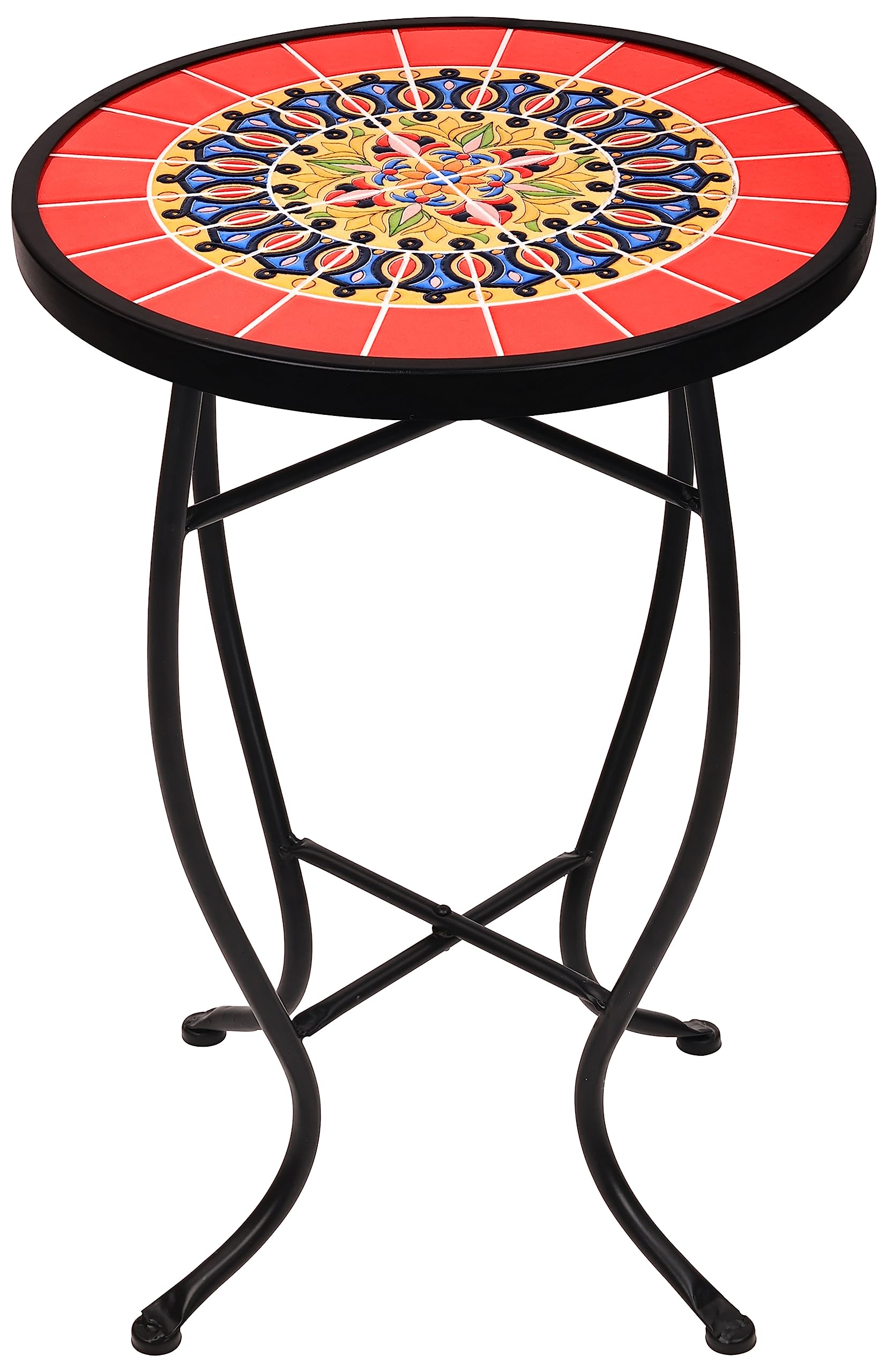 Elevon 14 Inch Round Side Ceramic Tile Top Indoor and Outdoor Accent Table, Sun - Bircata