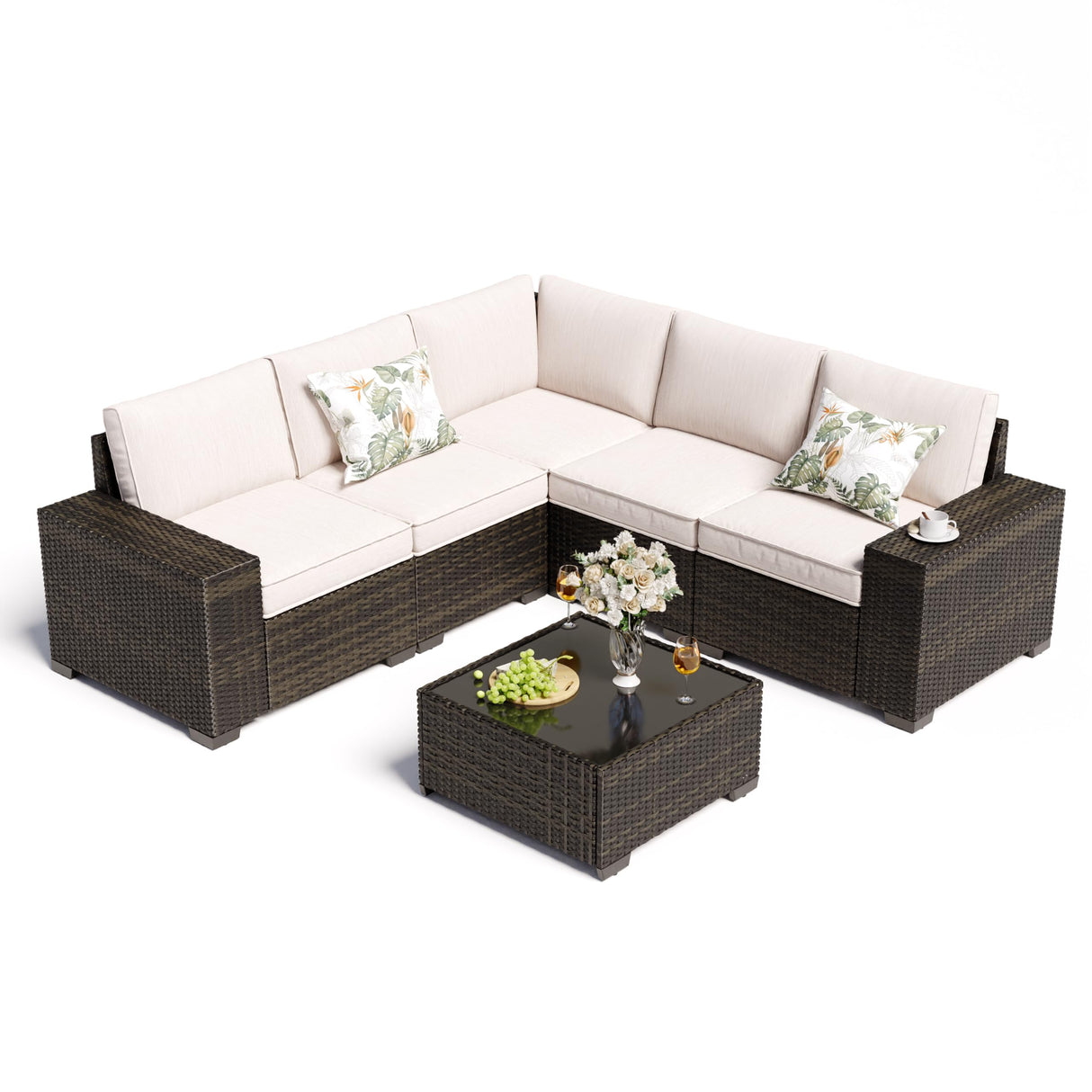 6 Pieces Outdoor Patio Furniture Set, Wicker Conversation Sets with Tea Table