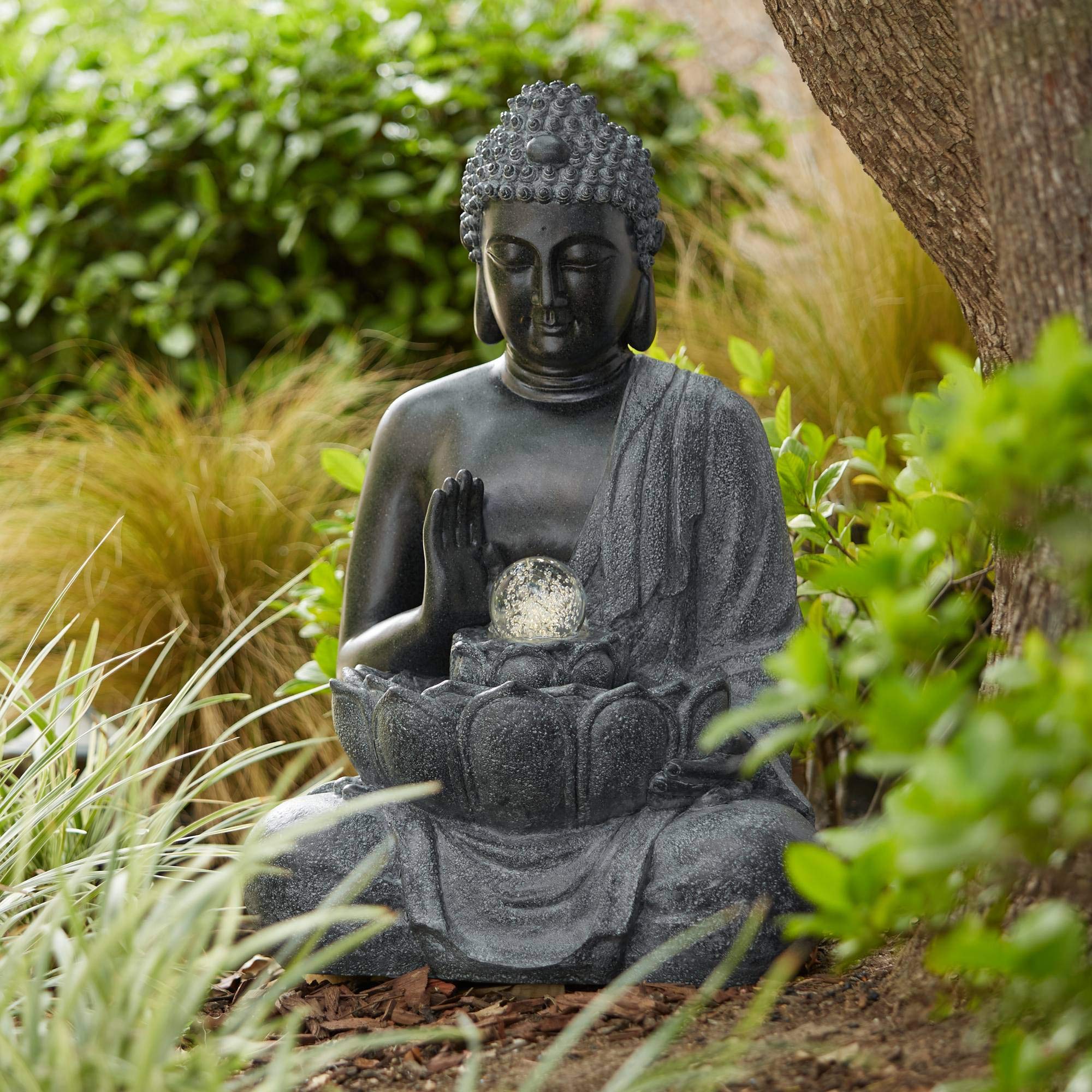 Sitting Buddha Outdoor Water Fountain with Light LED 28" High Faux Stone Meditation