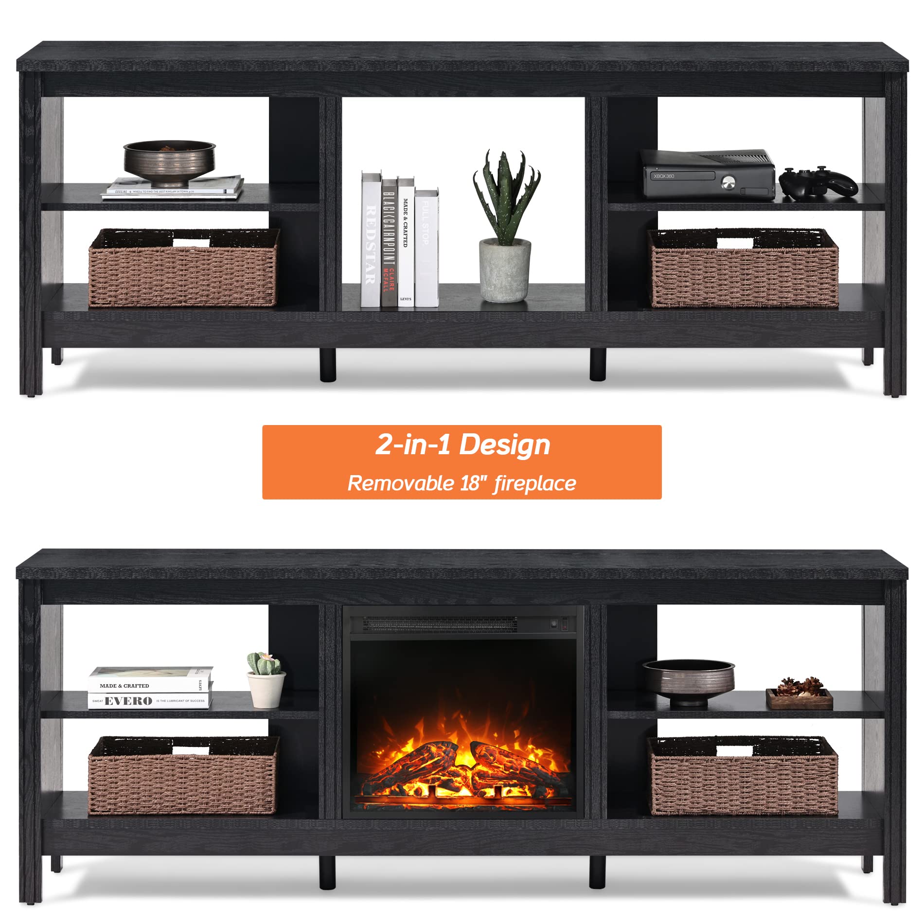 Fireplace TV Stand for 75+ Inch TV with Blue LED Light, Wood Entertainment Center