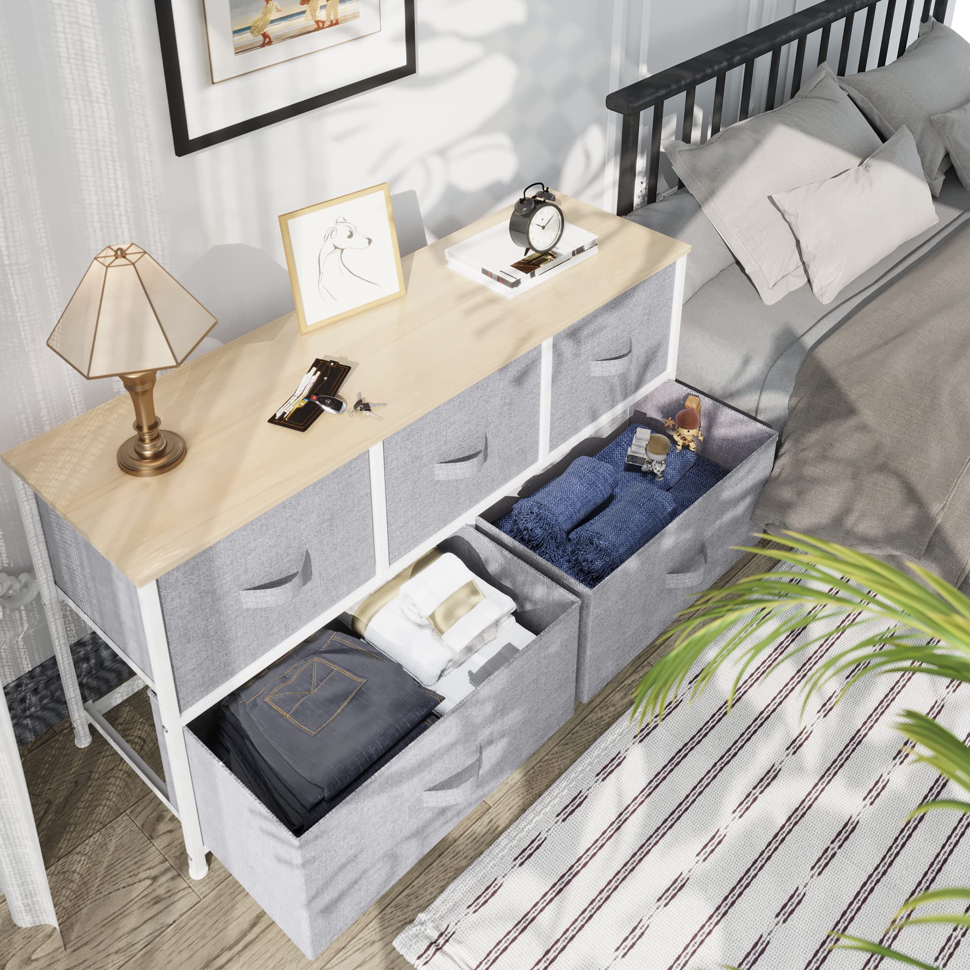Wide Chest of Drawers, Dresser with 5 Drawers, Oak Greige Fabric Storage Tower