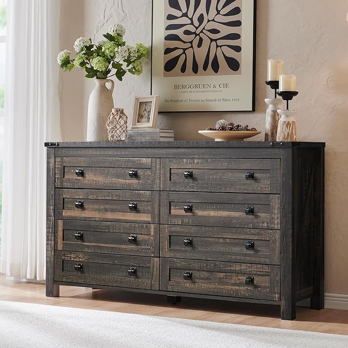 6 Drawer Dresser for Bedroom, 54 Inch Wide Rustic Wood Dresser