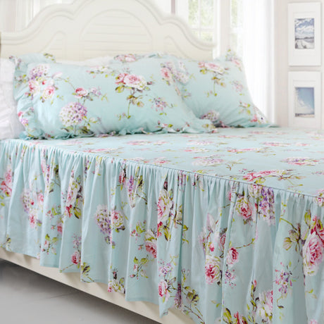 Shabby Floarl Cotton Bedding Set Queen 4-Pieces Light Blue Hydrangea Print Duvet