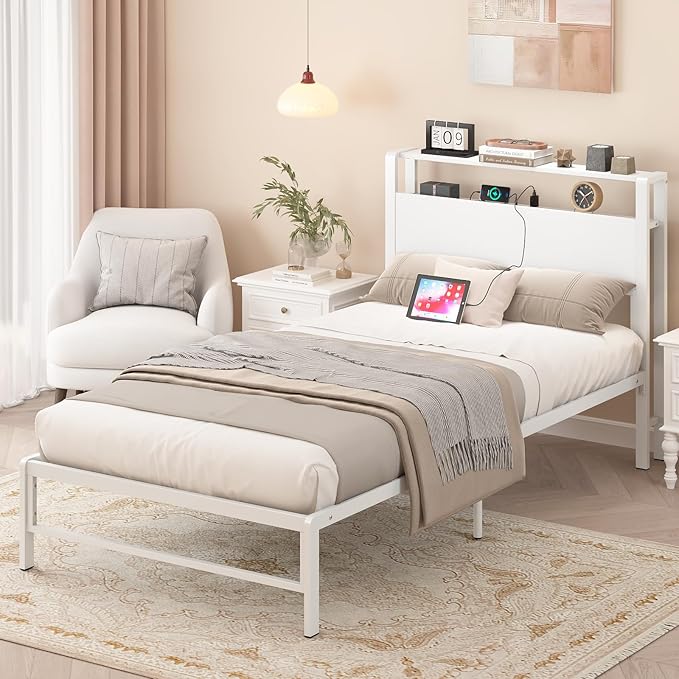 Bed Frames with Charging Station, 2 Tiers Storage Headboard Twin Sized Bed No Box