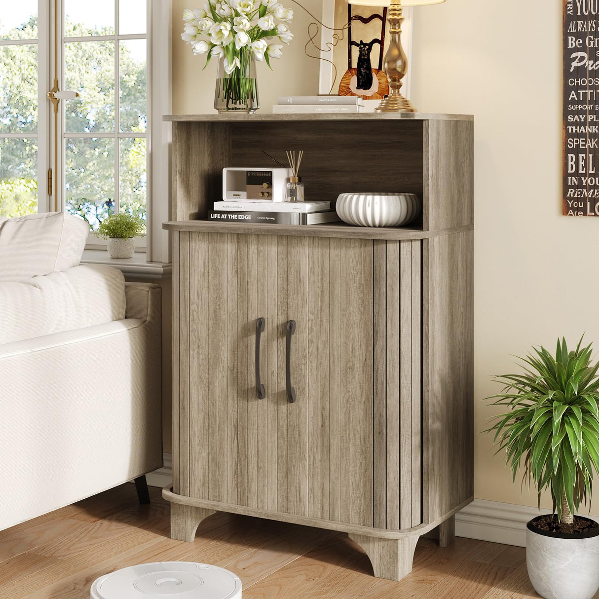 Storage Cabinet, Farmhouse Storage Cabinet with 2 Doors and Open Drawer