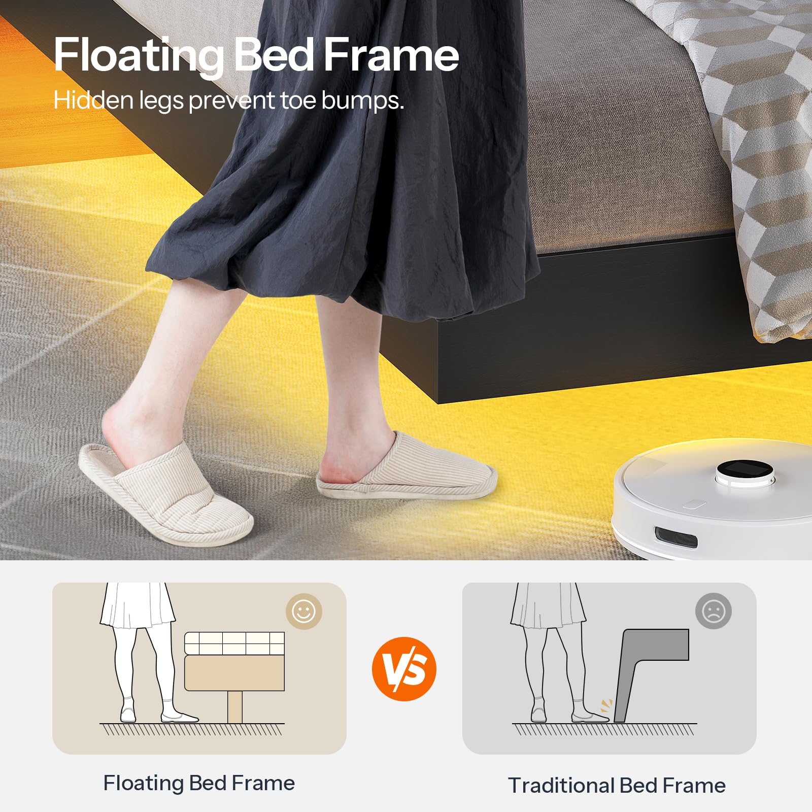 Queen Floating Bed Frame with LED Lights & Charging Station