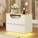 22” Wide Bedside Table with Charging Station and LED Light and 2 Drawers, Modern End Table for Bedroom, White Leather