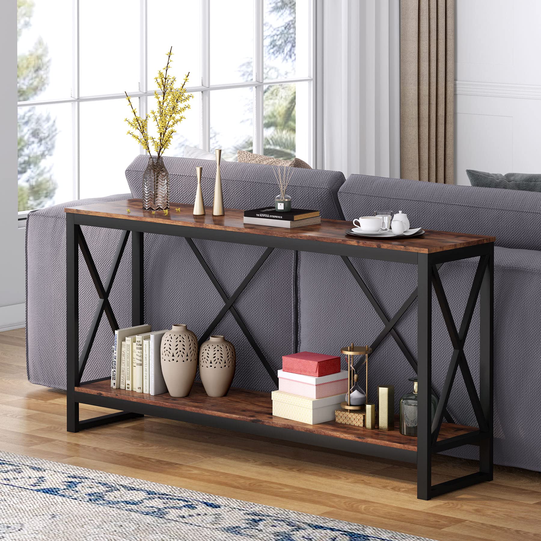 70.9 Inch Extra Long Console Table, Industrial Narrow Sofa Entry Behind Couch with Open Storage Shelf.