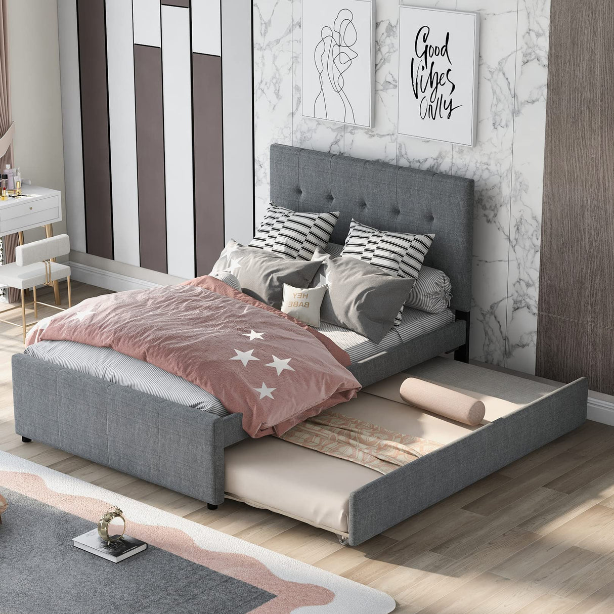 l Size Linen Upholstered Platform Bed Frames with Quiet Trundle Bed, Mid-Century Modern