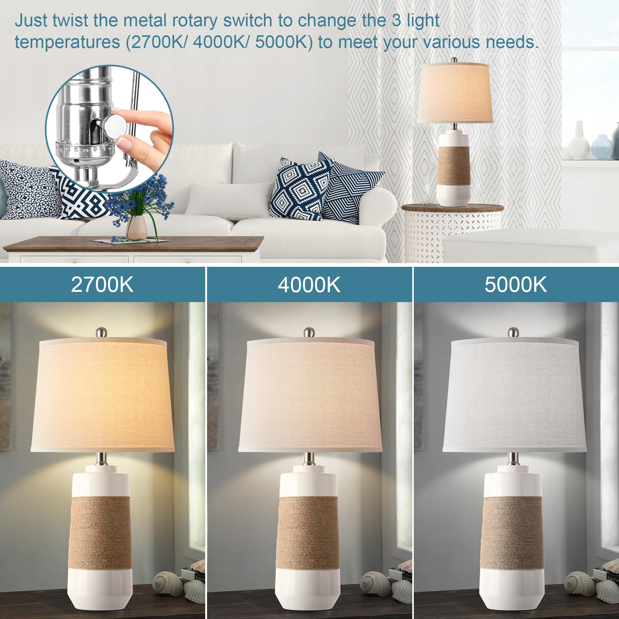 White Boho Ceramic Table Lamps Set of 2 with Rope Accent