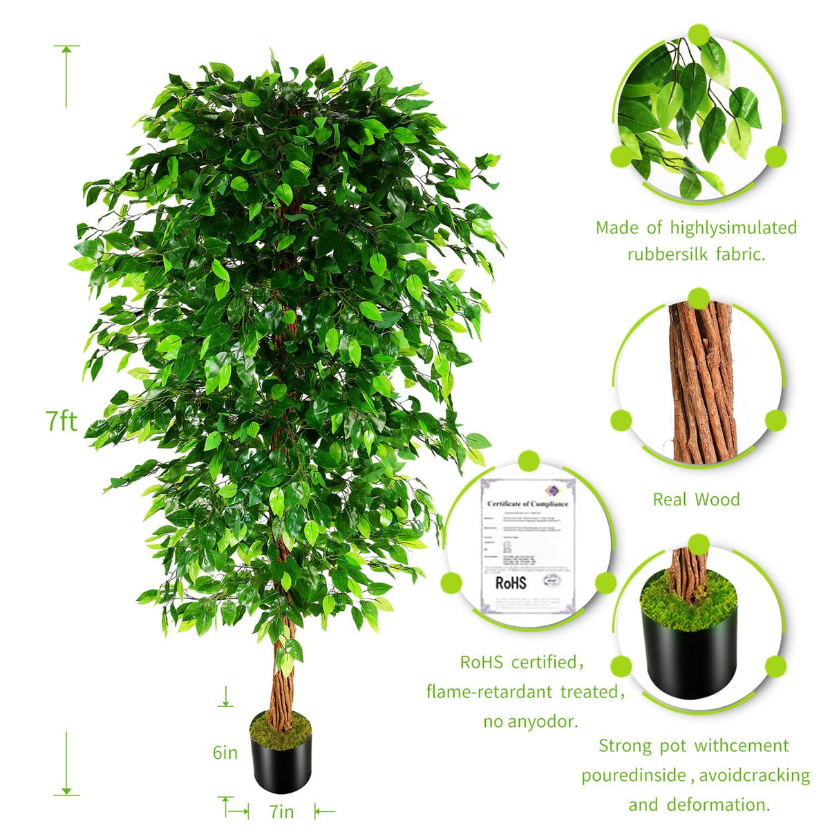 7ft Artificial Ficus Silk Tree (82in) with Plastic Nursery Pot Faux Tree,