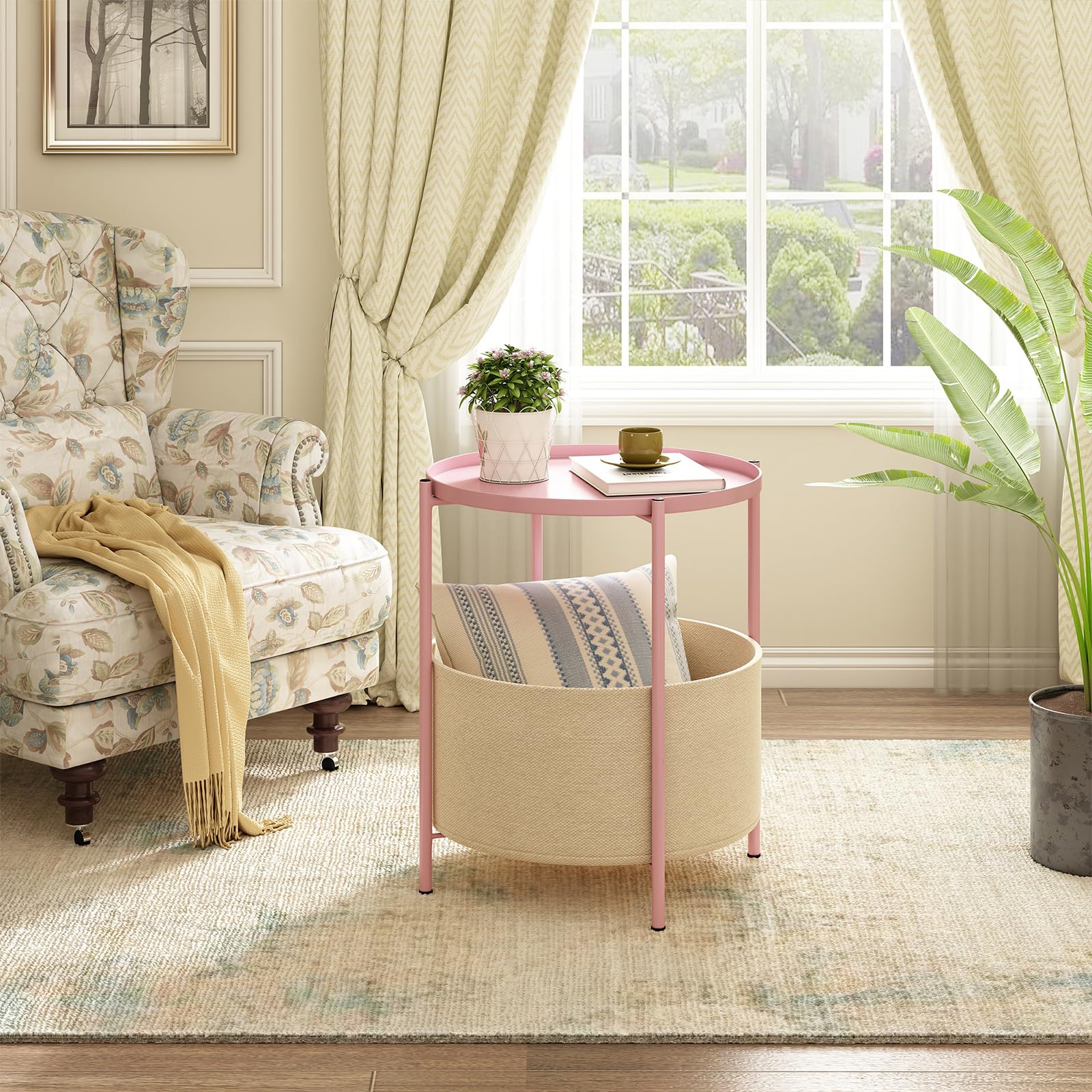 Round Side Table, Bedside Table, Pink Nightstand, Metal Side Table