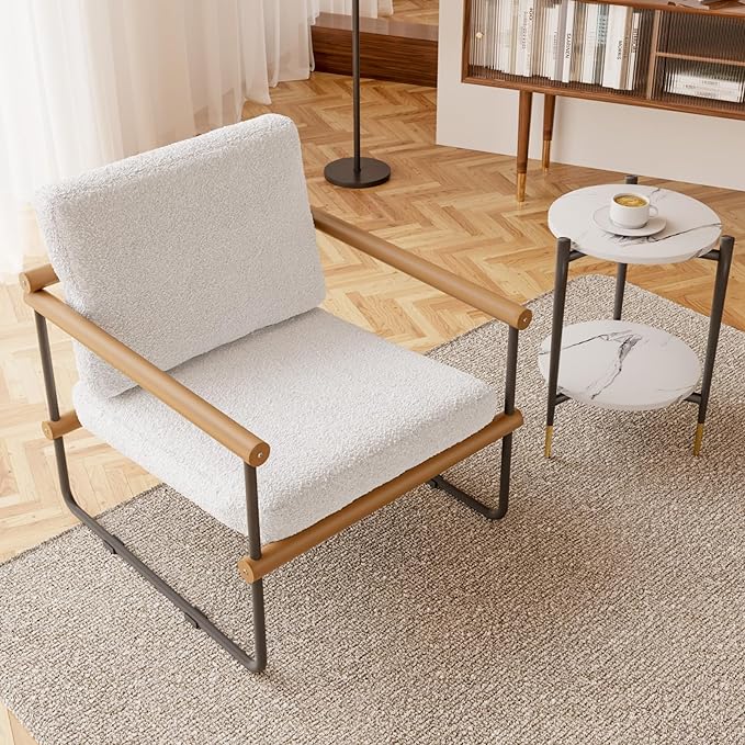 2/1PC Boucle Fabric Accent Chair with Round Side Tabel,Set of 3,Modern Tufted Single Sofa
