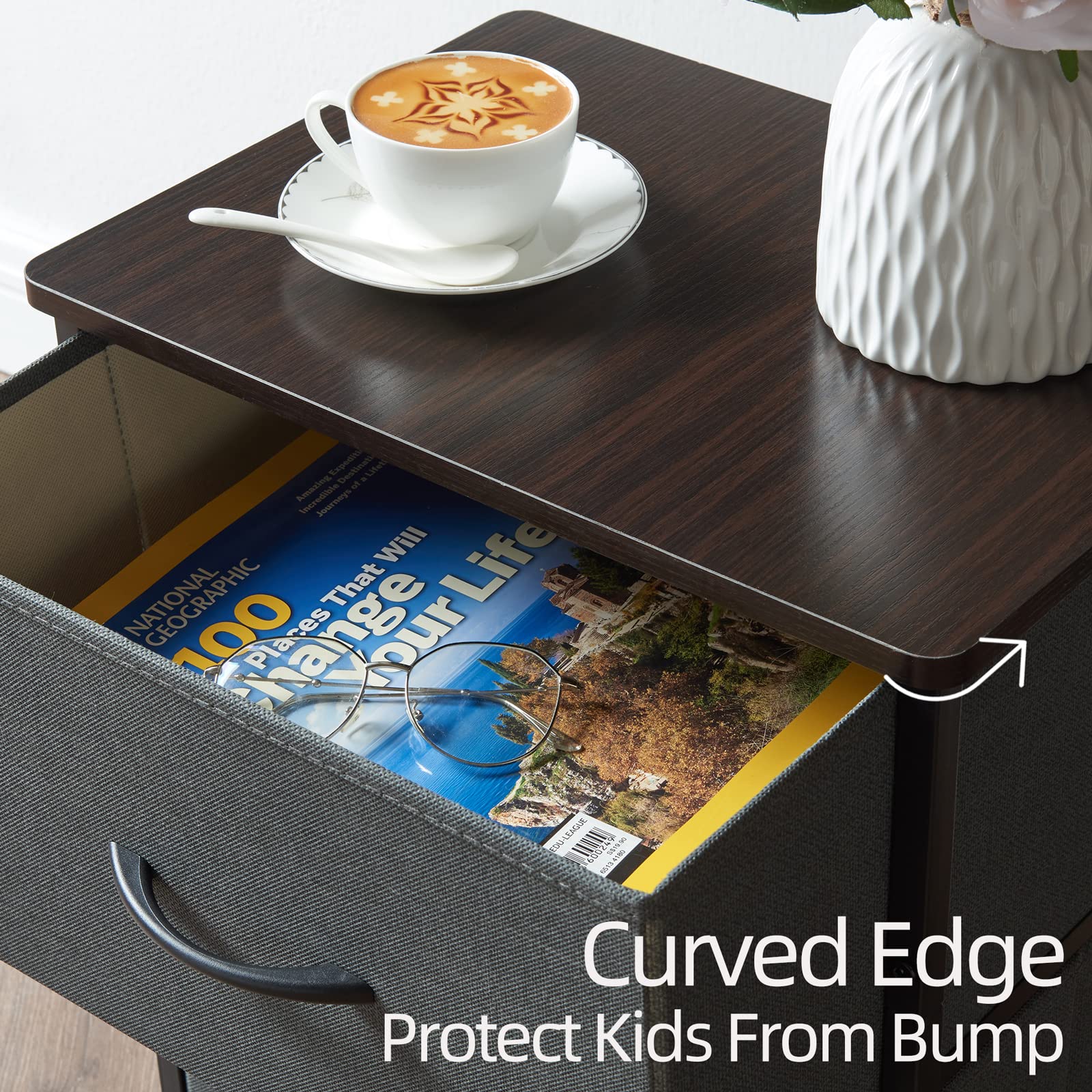 Nightstand with 2 Drawers, Bedside Table Small Dresser with Removable Fabric Bins