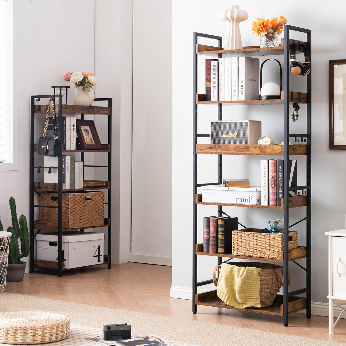 Adjustable 6 Tier Open Bookcase, Rustic Farmhouse Book Shelves, Industrial Wood and Black Metal Bookshelves, Mid Century Bookcase for Home Office Living Room Bedroom