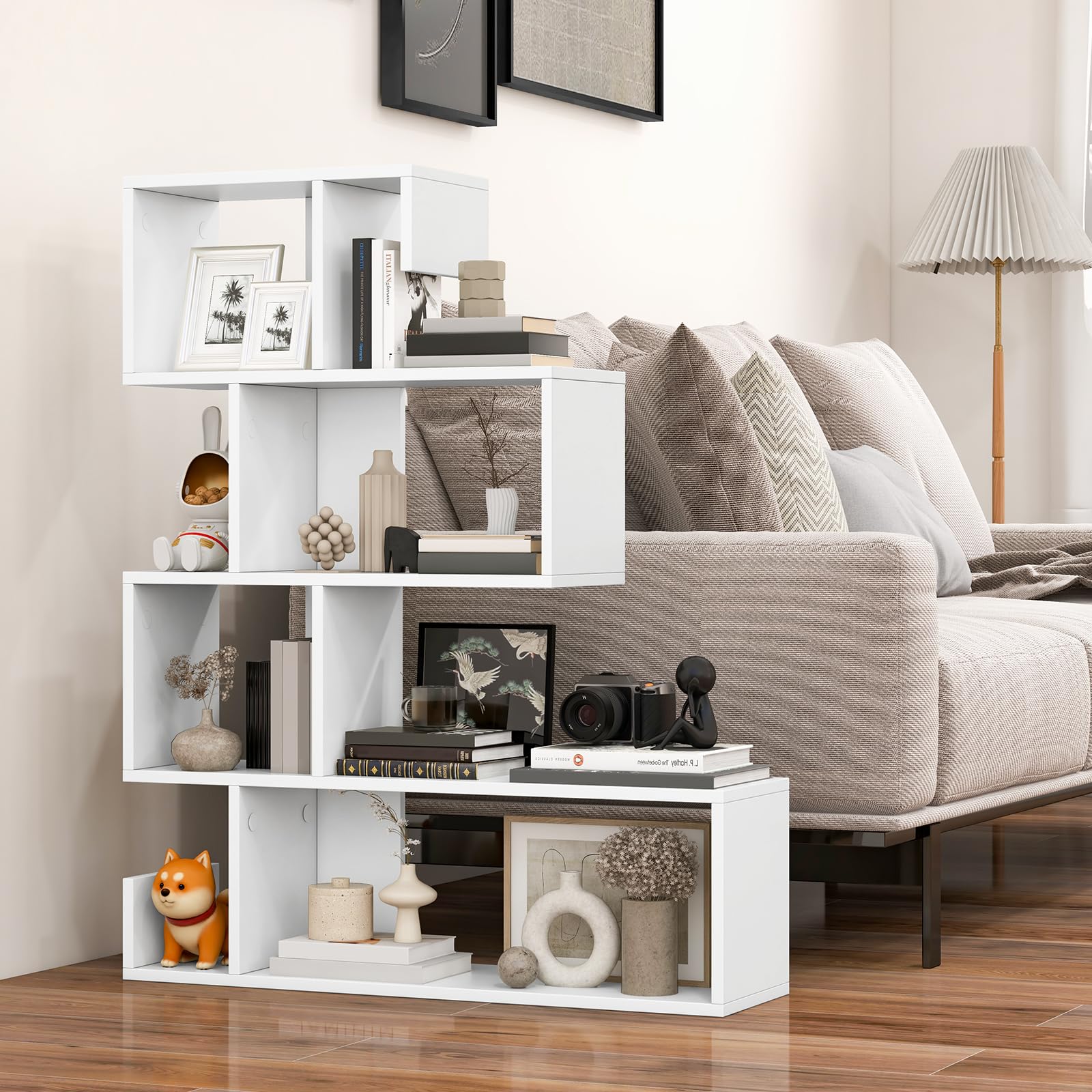5-Tier S-Shaped Bookshelf, Geometric Bookcase w/Open Cubes, Modern Decorative Display Shelf w/Anti-Toppling Kits, Freestanding Storage Rack for Living Room, Study, Home, Office, White
