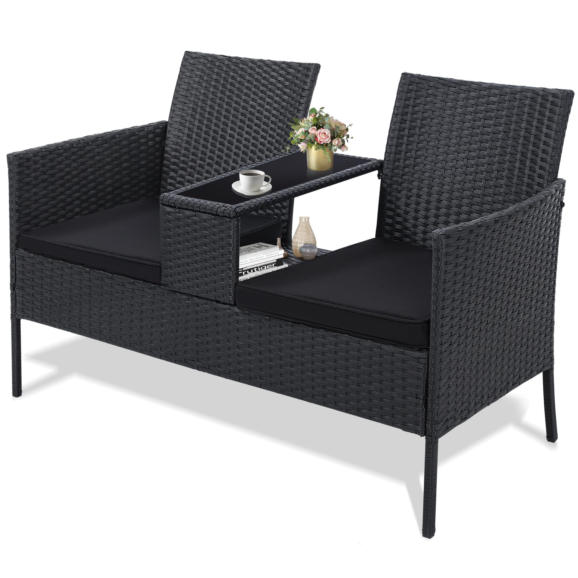 Wicker 2 Seat Patio Conversation Set, Outdoor Rattan Loveseat with Table