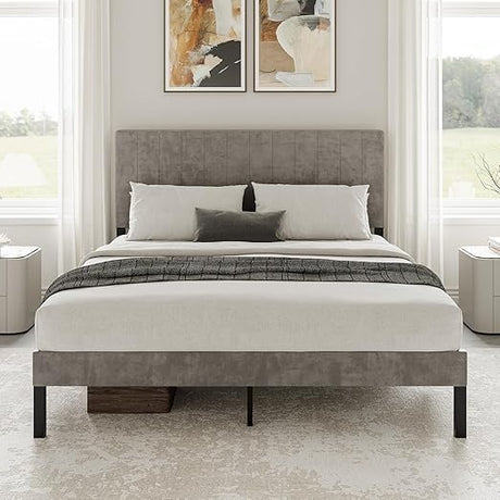 Full Size Upholstered Bed Frame with Tufted Headboard and Metal Slats Support, Heavy