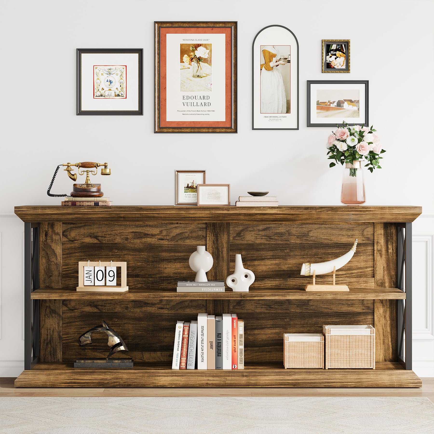 63-Inch 3-Tier Console Table with Storage - Brown Wood Entryway Sofa Table