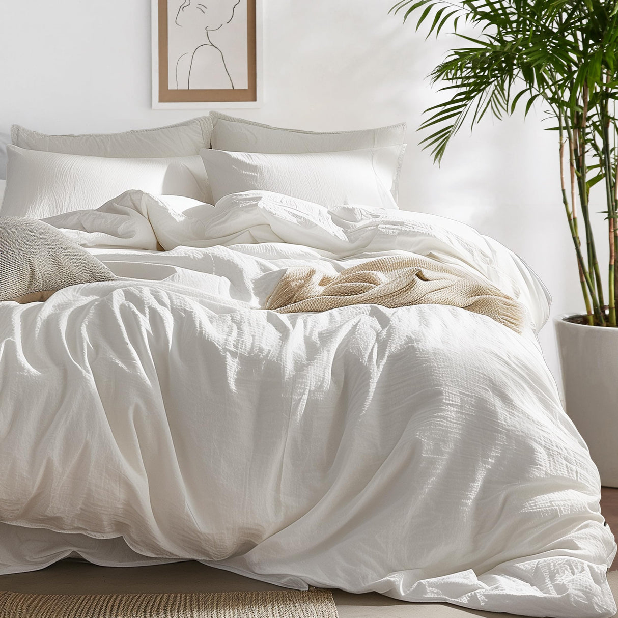 Bedsure 100% Washed Cotton Duvet Cover King Size - Minimalist Natural White Cotton Duvet Cover for All Seasons - 3 Pieces Plain Simple Duvet Cover Set with 2 Pillow Shams (White, King, 104"x90")