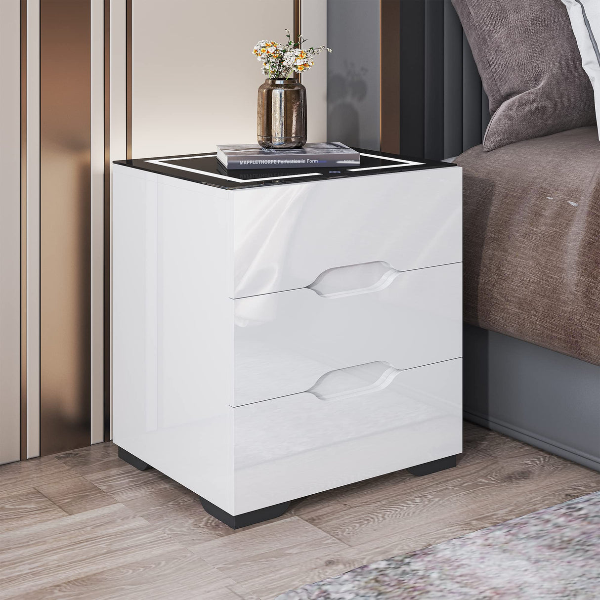 kepptory White Smart Nightstand with Wireless Charging Station & Adjustable LED Lights, High Gloss End Table with 3 Drawers & USB Charging, Bedside Table Organizer for Bedroom Use