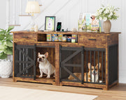 63" Double Dog Crate Furniture with Sliding Door & Charging Station