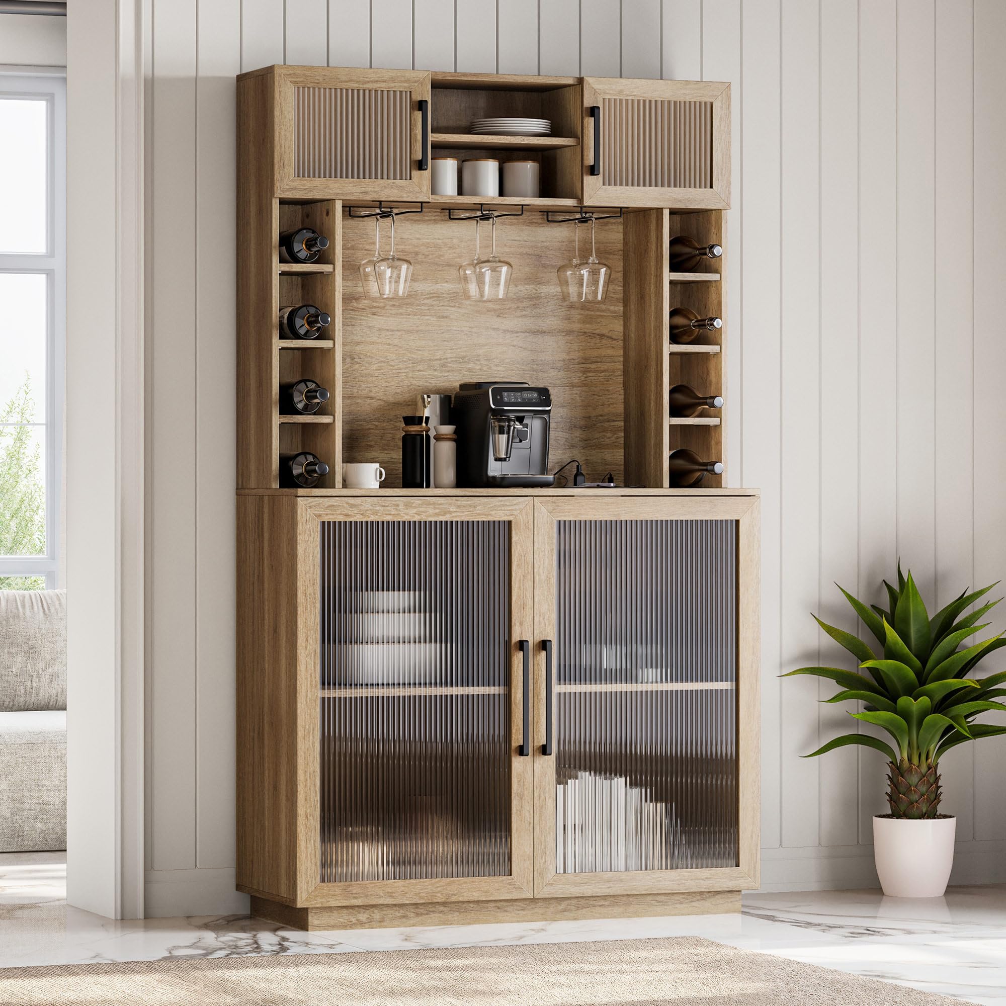 Coffee Wine Bar Cabinet with Power Outlet, 72" Rustic Liquor Cabinet