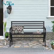 Outdoor Garden Bench, 48” Long Metal Steel Bench with Backrest and Armrests
