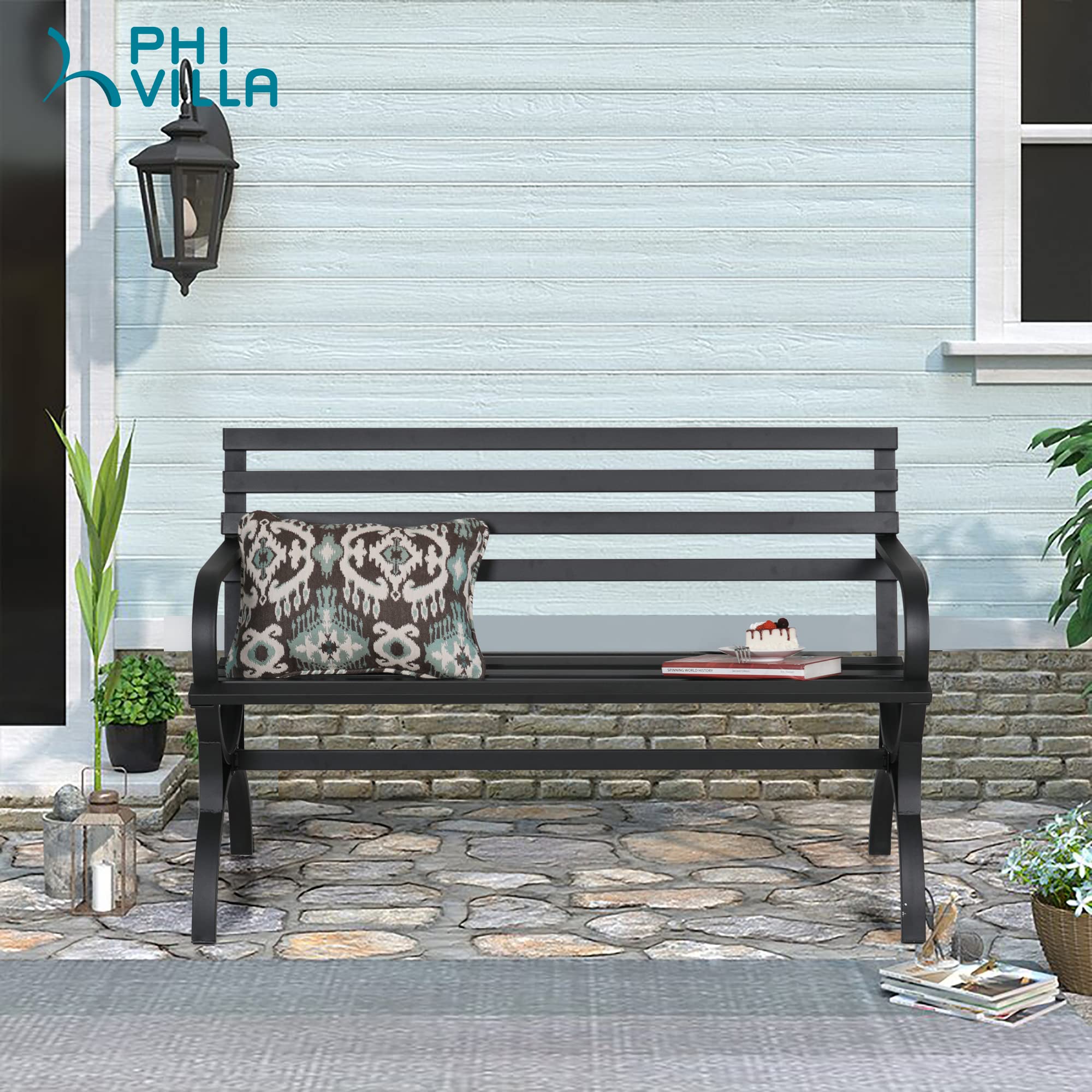 Outdoor Garden Bench, 48” Long Metal Steel Bench with Backrest and Armrests