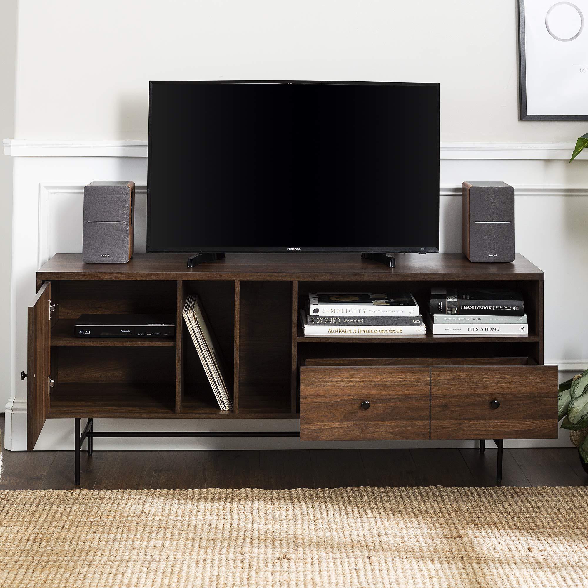 Modern Wood TV Stand with Record Storage for TV's up to 65