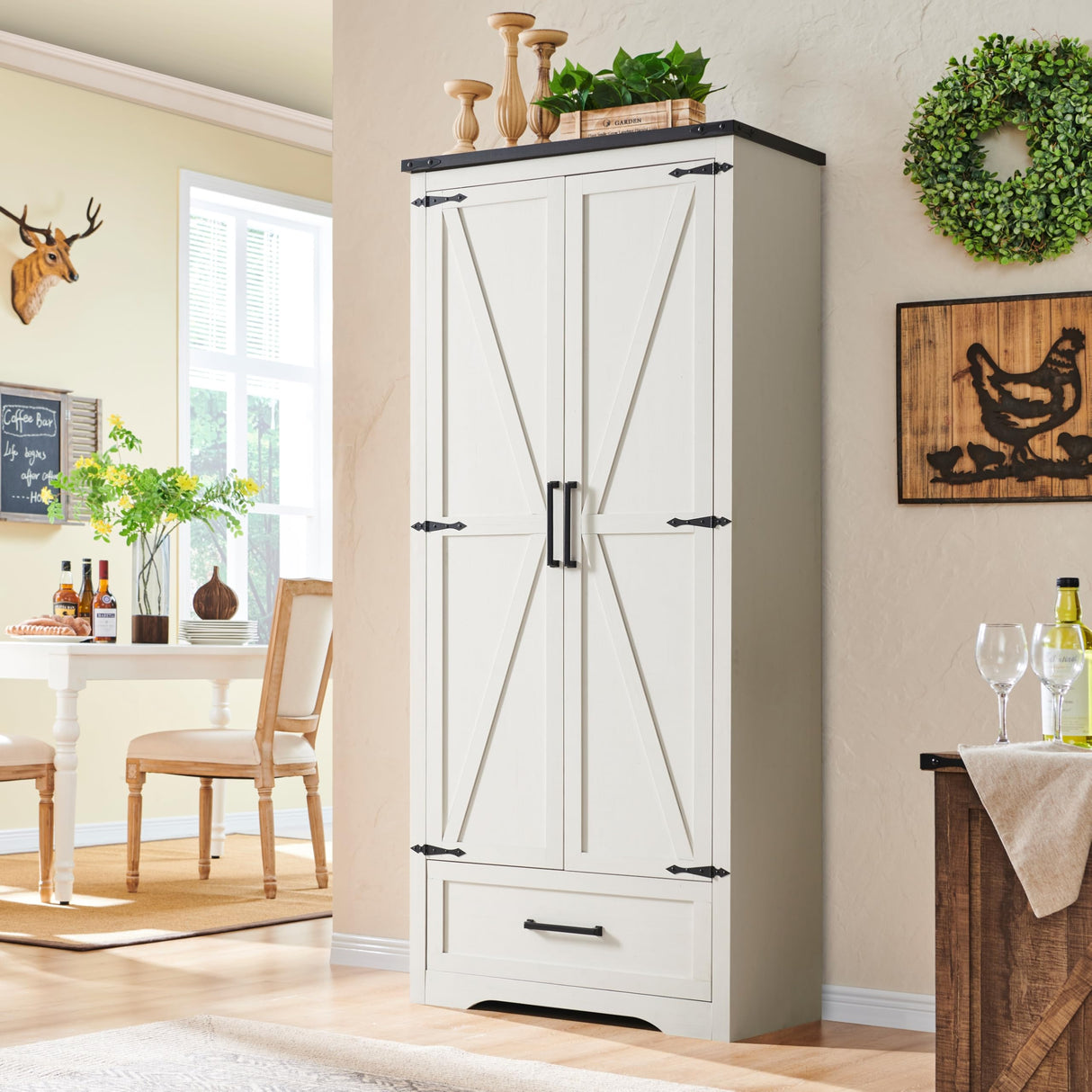 ACCOHOHO 72" Tall Farmhouse Kitchen Pantry with Adjustable Shelves, Wood Rustic Storage Cabinet with Drawer & Barn Doors, Versatile Storage for Dining Room, Living Room, Bathroom, White