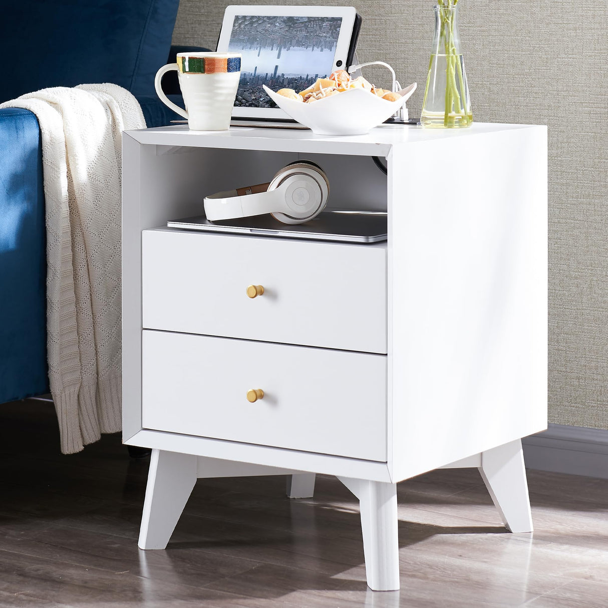 Nightstand with Charging Station, Modern End Table, Bedside Table with 2 Drawers, Mid