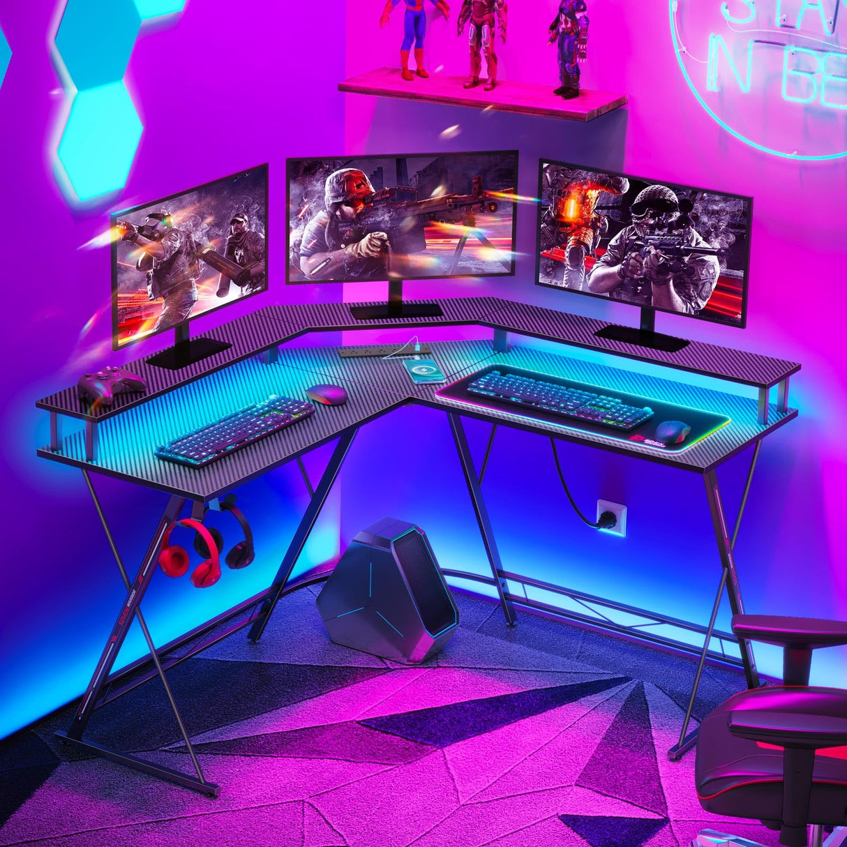 L Shaped Gaming Desk with LED Lights & Power Outlets, 50.4” Computer Desk
