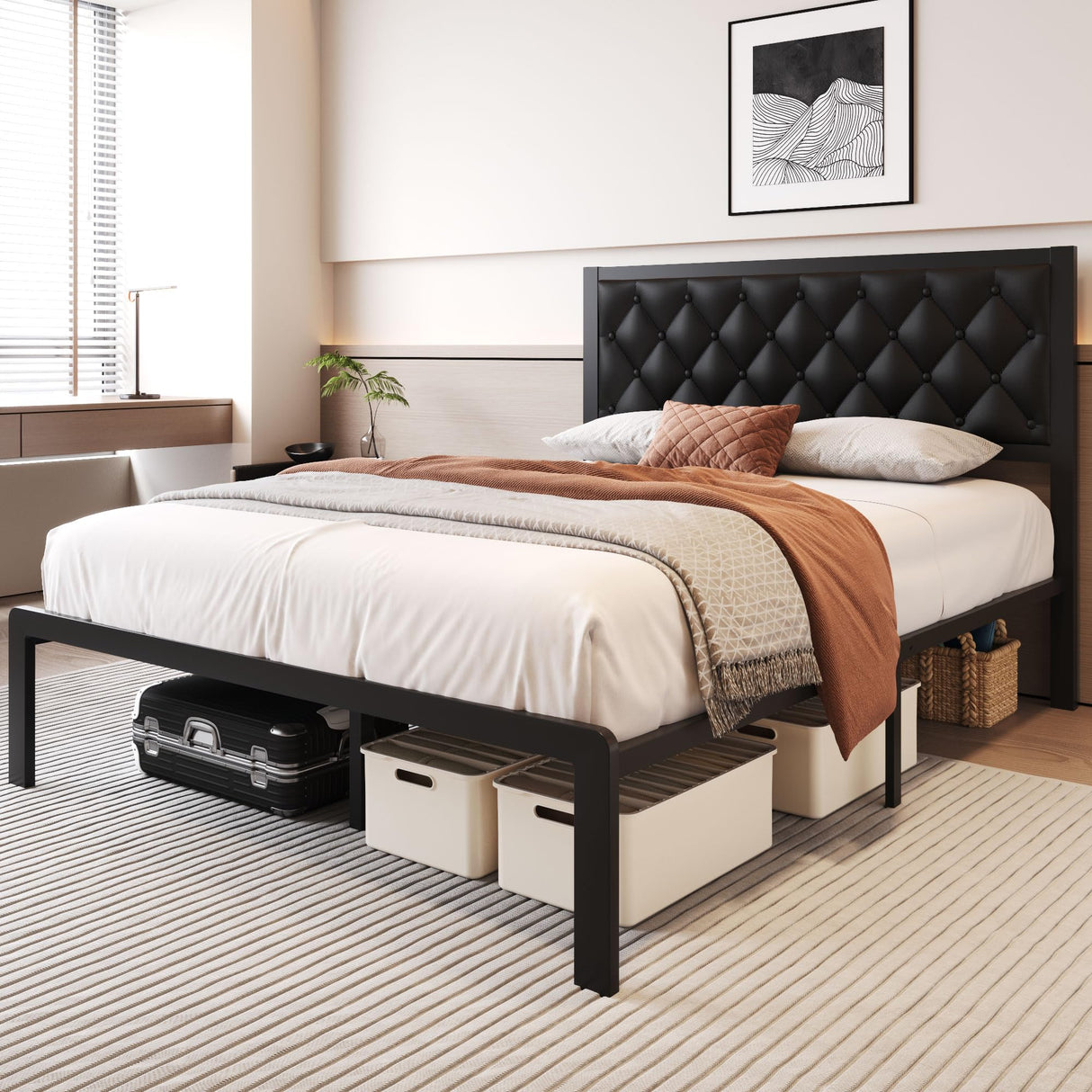 Queen Bed Frame with Headboard PU Leather Upholstered Bed Frame Platform,All Metal