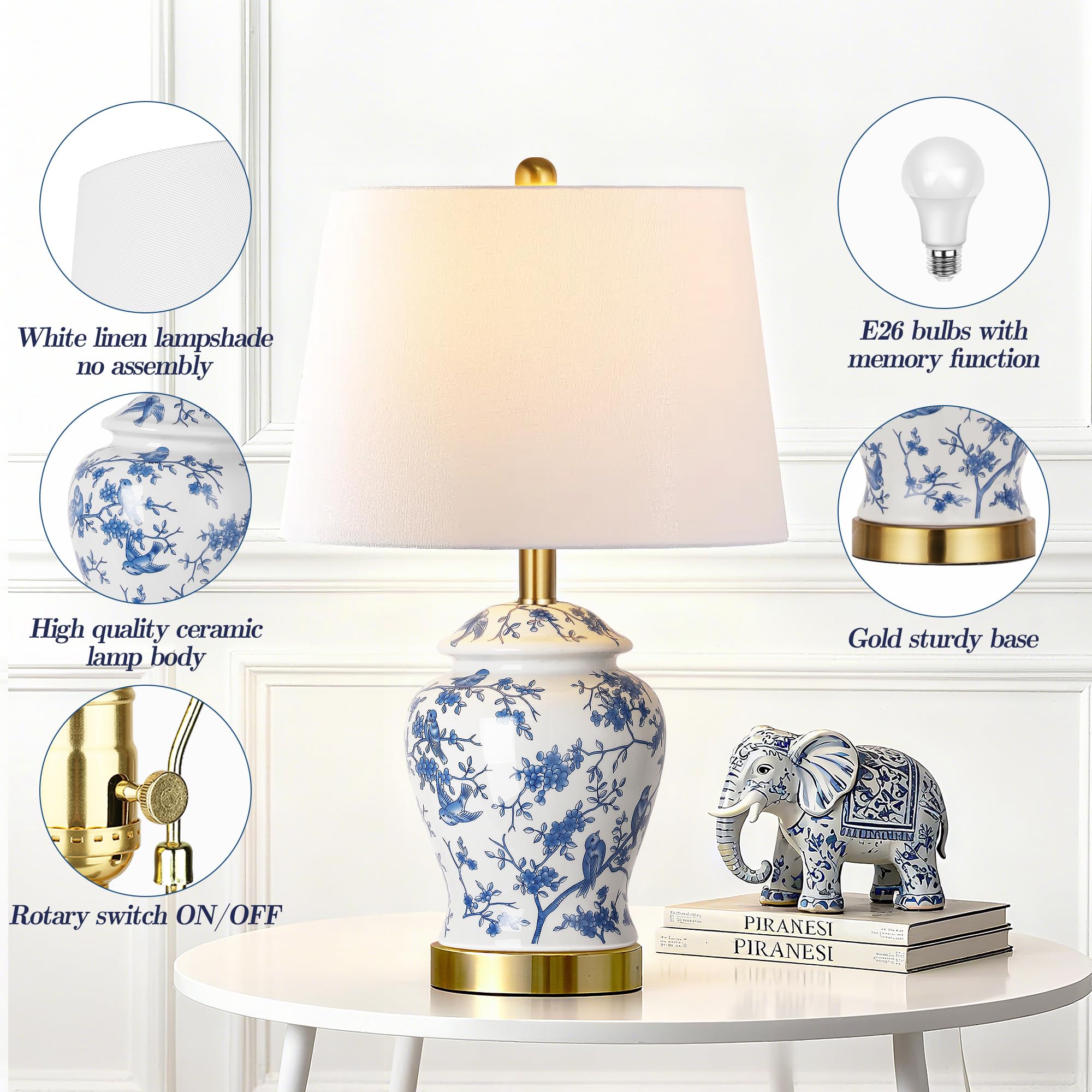 Chinoiserie Ceramic Table Lamps Set of 2 - 22" Blue and White Bedside Lamps