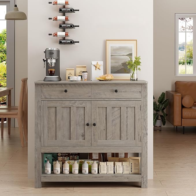 Buffet Sideboard Cabinet with Storage, 33.5''H Farmhouse Coffee Bar with 2 Cabinets and 2 Drawers,