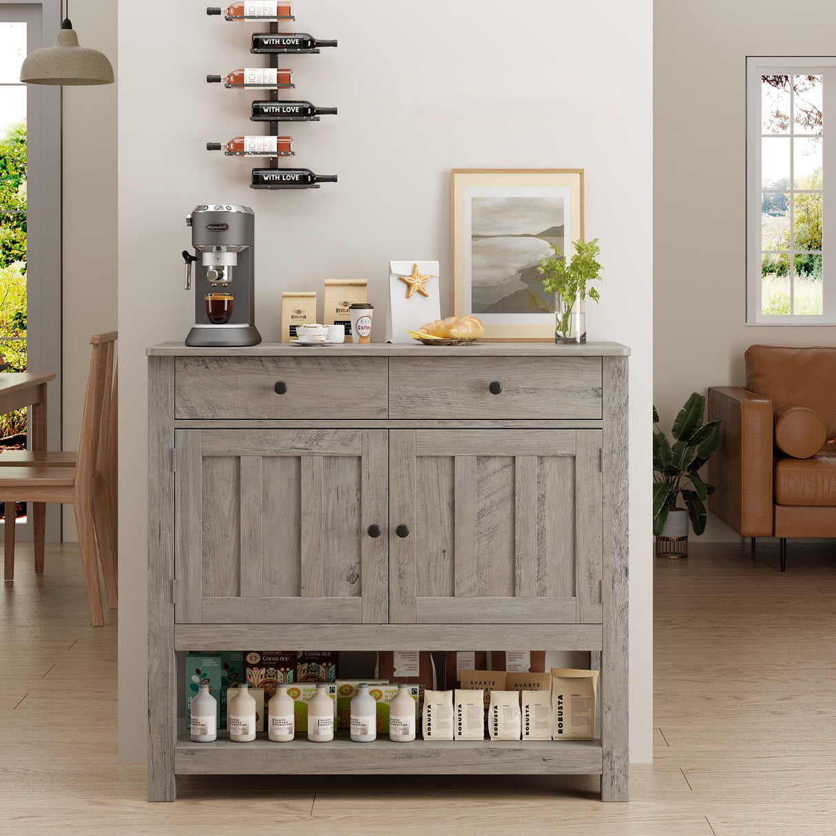 Buffet Sideboard Cabinet with Storage, 33.5''H Farmhouse Coffee Bar with 2 Cabinets and 2 Drawers,