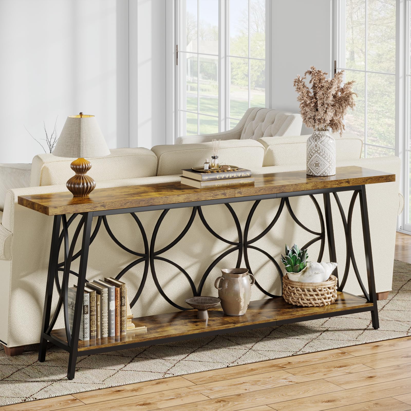 70.9-Inch Rustic Brown Console Table with Storage - 2-Tier Sofa Table