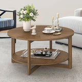 Round Coffee Table, 35" Rustic Modern Circle Coffee Tables with 2-Tier Storage Shelf