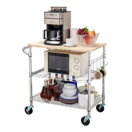 3-Tier Rolling Kitchen Cart with 18" D x 30" W Oak Wood Tabletop, Kitchen Island Cart