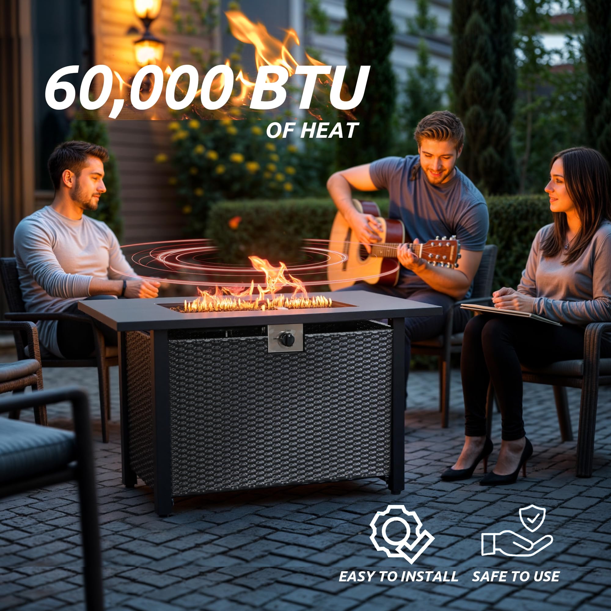 NIGOME Propane Fire Pit Table,Out Door Fire Pits & Fireplaces,Gas Fire Pit with Lid and Lava Rock.Square Black Fire Pit Table on Patio Deck & Garden Backyard. (Raven‌ Black, 43-inch)