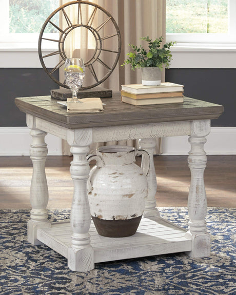 Havalance Farmhouse Square End Table with Floor Shelf, Vintage Gray & White