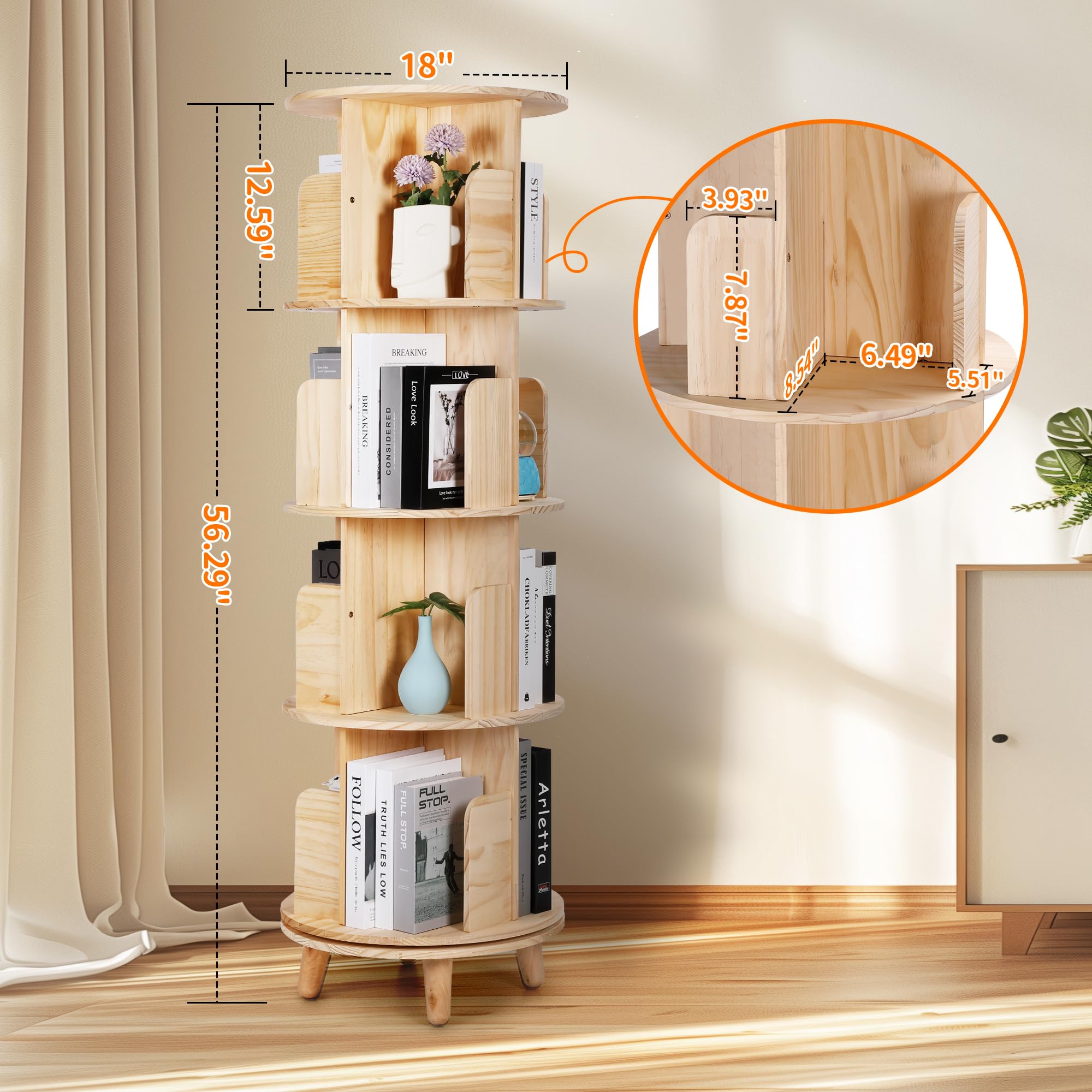 Bookshelf Tower, 4 Tiers Floor Standing Bookcase Storage Rack, 360 Display Round