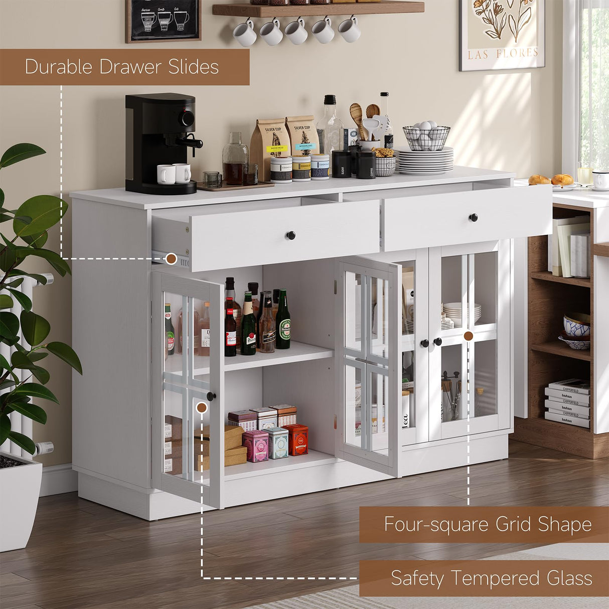 Buffet Cabinet with Storage, White Sideboard Buffet Cabinet Featuring LED Light