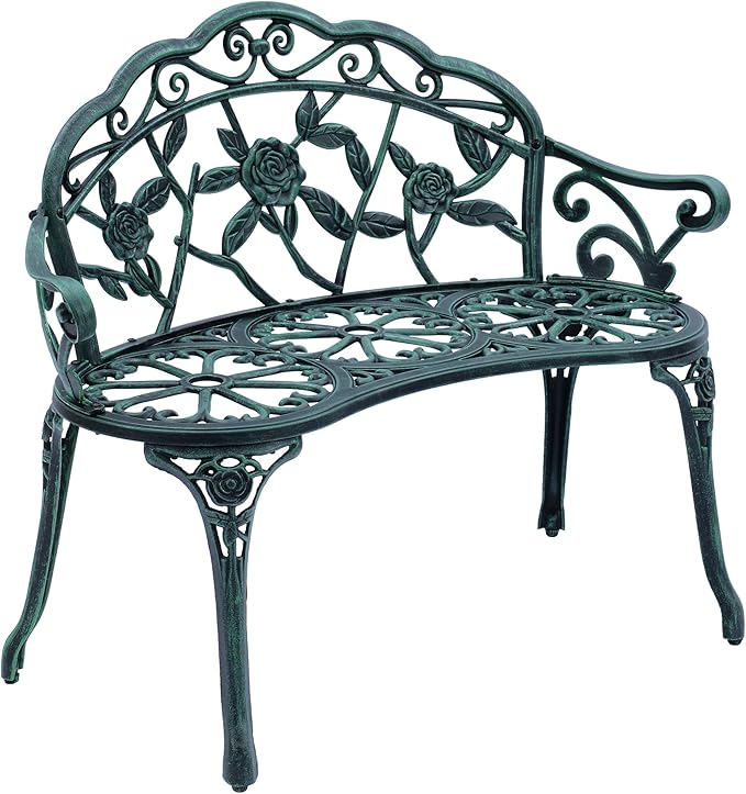 Outdoor Patio Bench with Rose Detail in White