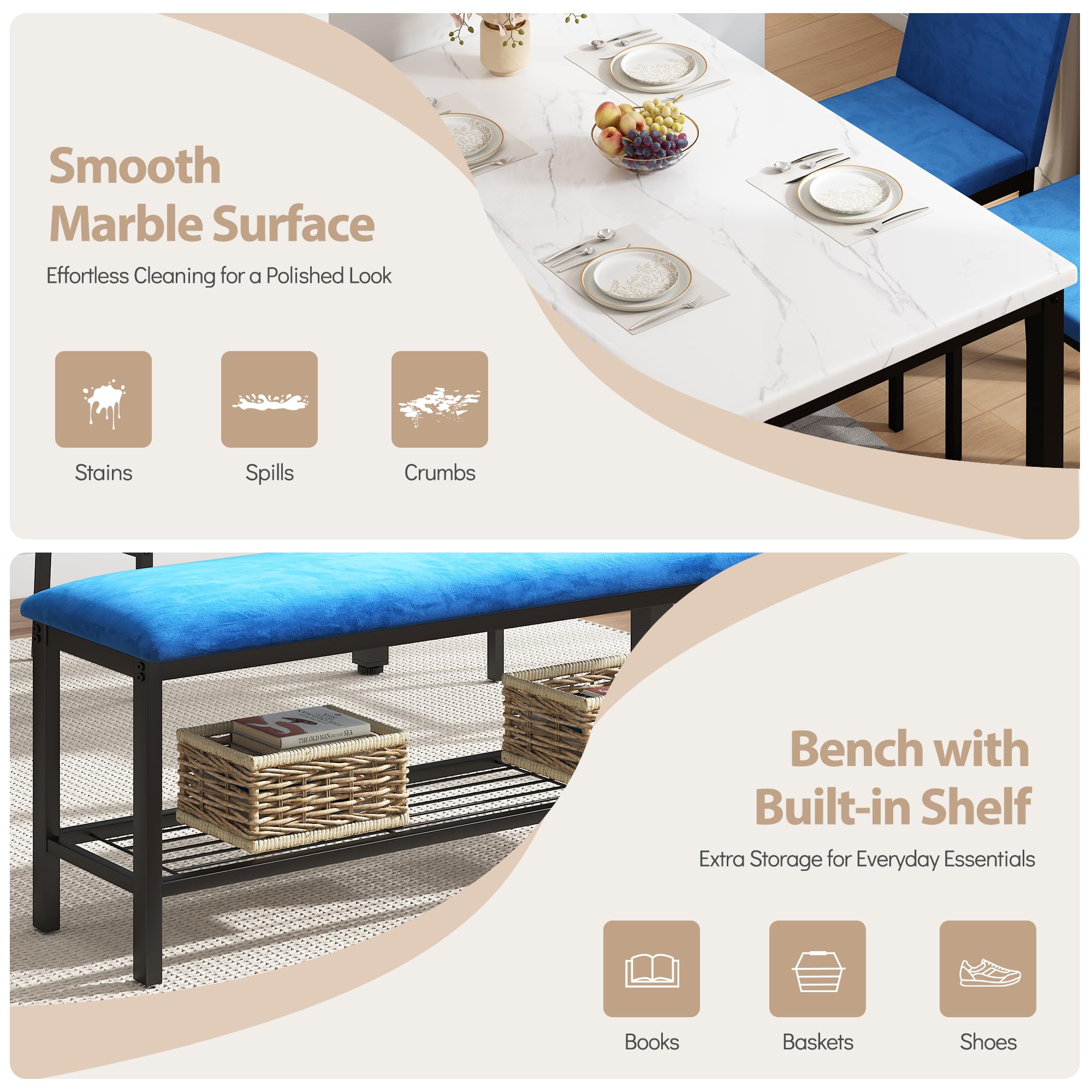 4-Piece Faux Marble Dining Table Set with Upholstered Bench and Chairs