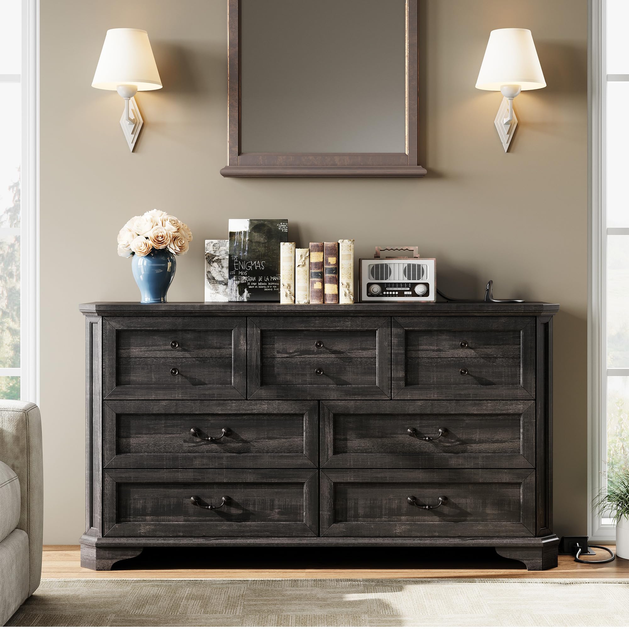 Farmhouse 7 Drawers Dresser for Bedroom, 59" Long Dresser