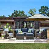 5 Pieces Outdoor Wicker Rattan Sofa Couch with Ottomans and Comfy